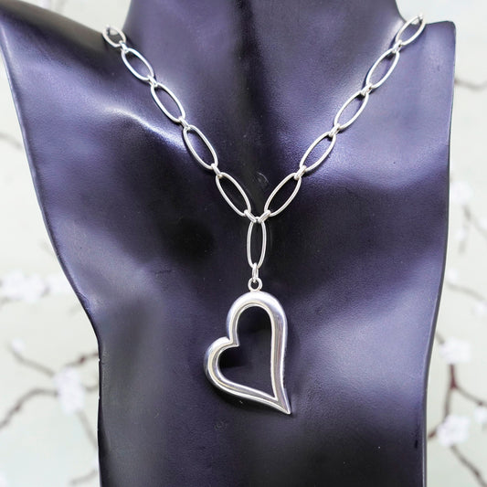 16”, Vintage 925 sterling silver long oval chain with heart pendant