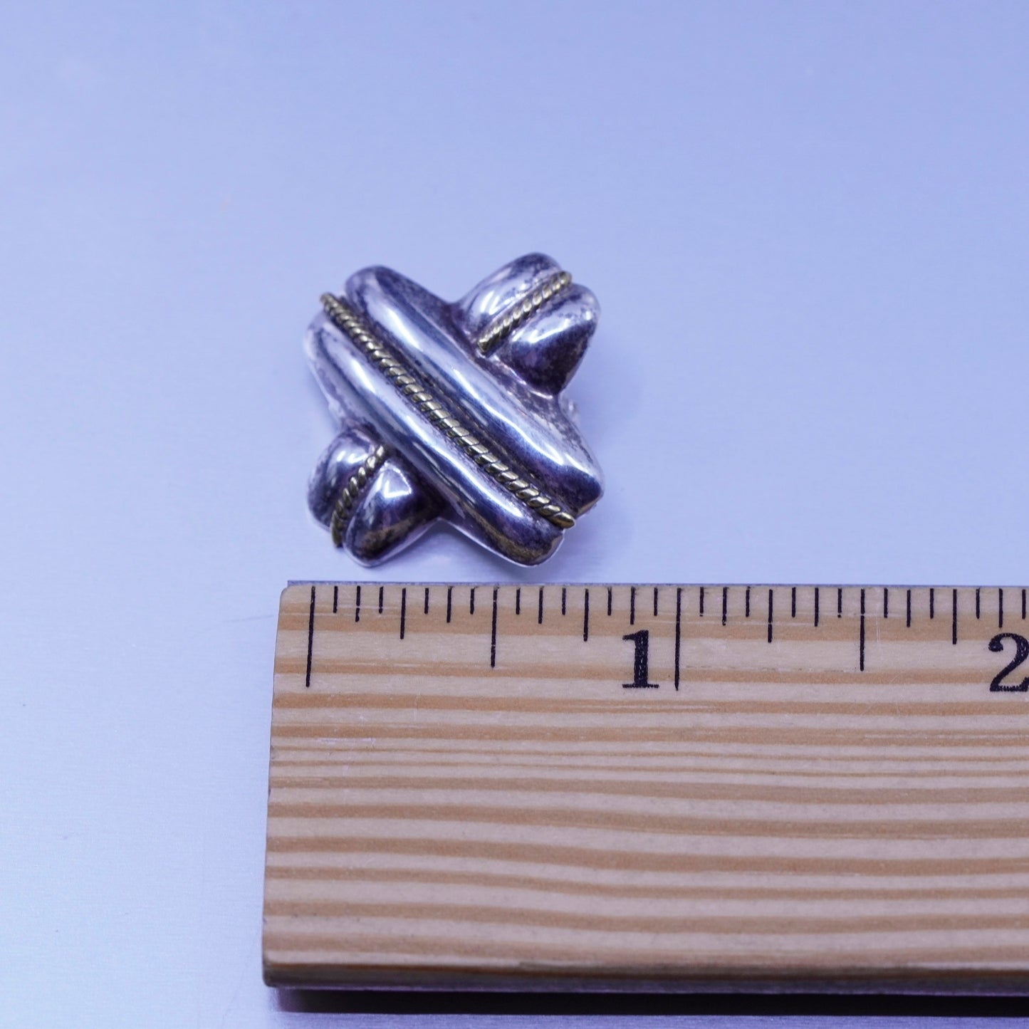 Laton two tone Sterling 925 silver handmade earrings, cross clip on brass cable