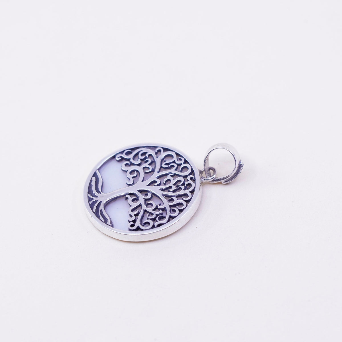 Vintage Sterling silver handmade pendant, 925 filigree tree tag mother of pearl