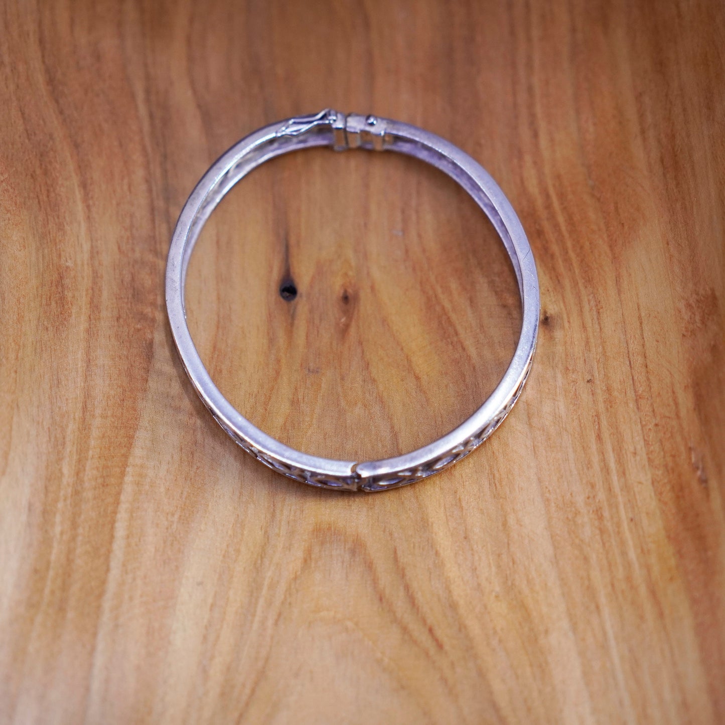 7.5”, antique sterling silver handmade bracelet, 925 hinged bangle with fish