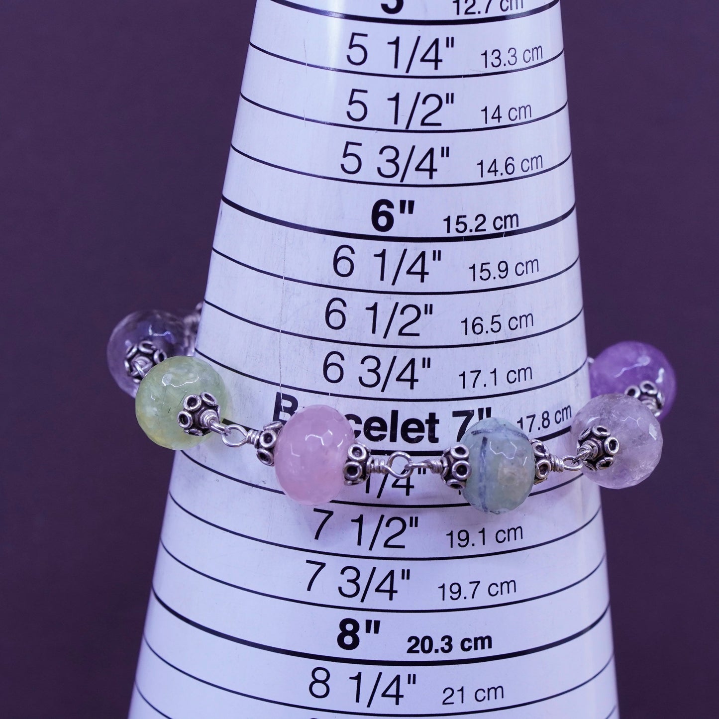 7”, sterling 925 silver carved bracelet prehnite amethyst quartz citrine
