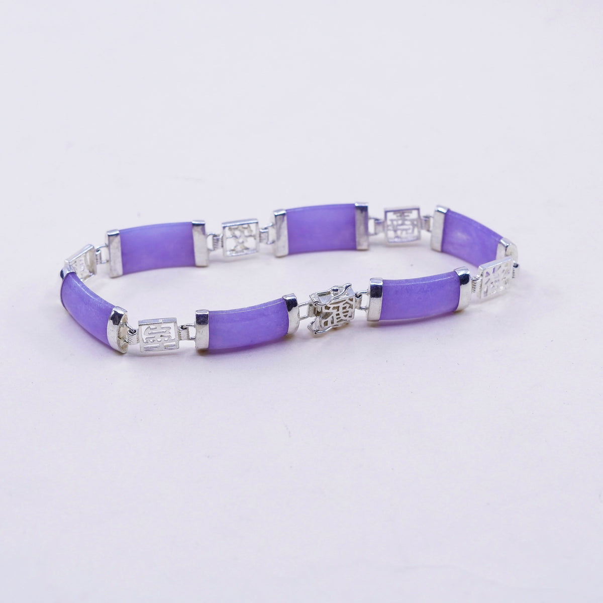 7.25”, vtg sterling 925 silver handmade bracelet purple jade Chinese characters