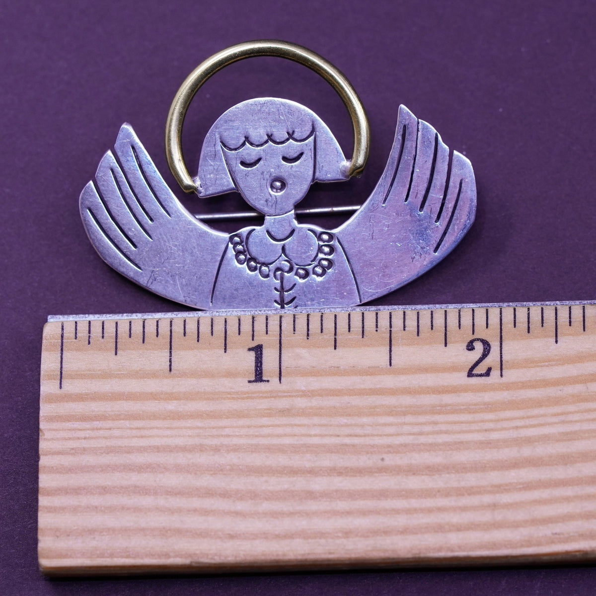 Vintage handmade two tone sterling 925 silver angel brooch with brass