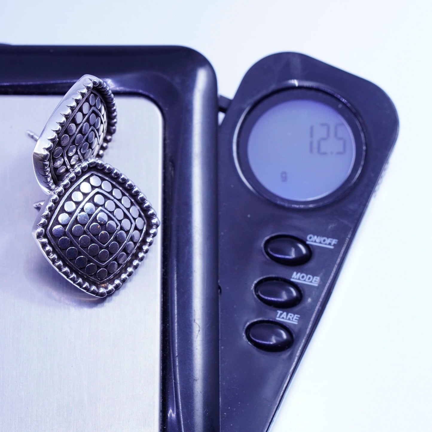 0.75”, Vintage Sterling 925 silver handmade earrings, square bead studs
