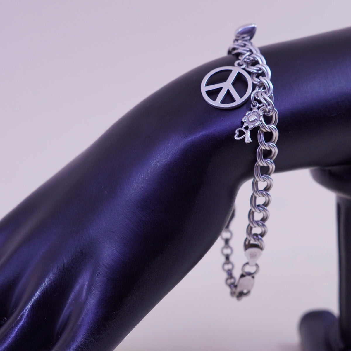 7+1”, sterling 925 silver double curb bracelet CND peace heart flower charms