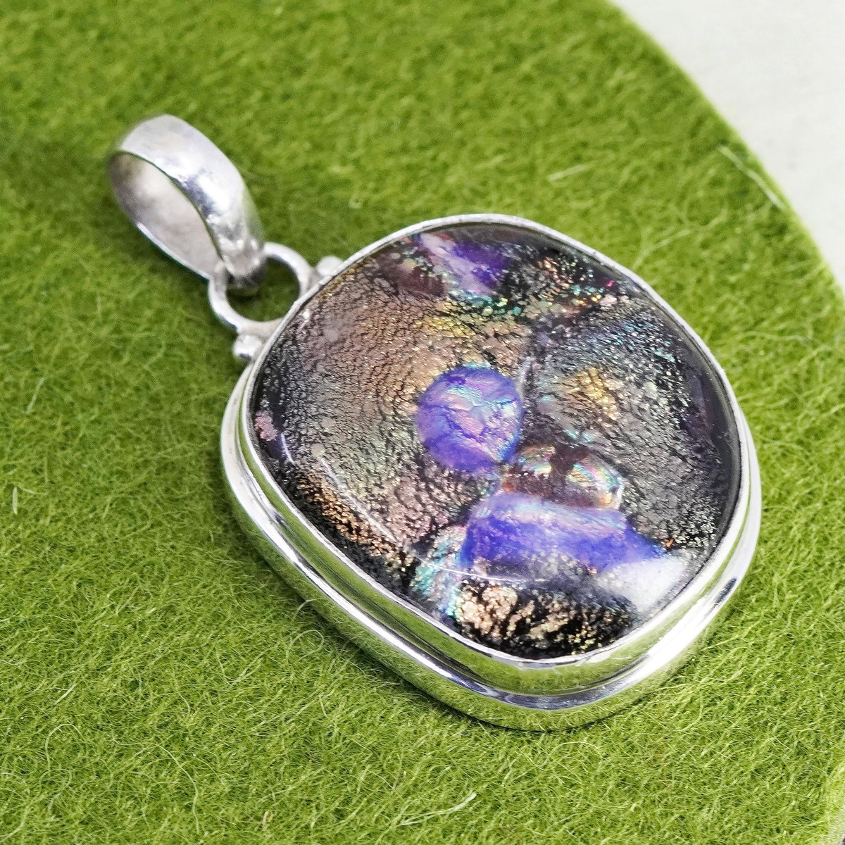vtg sterling silver artisan glass pendant, square shaped dichroic glass pendant