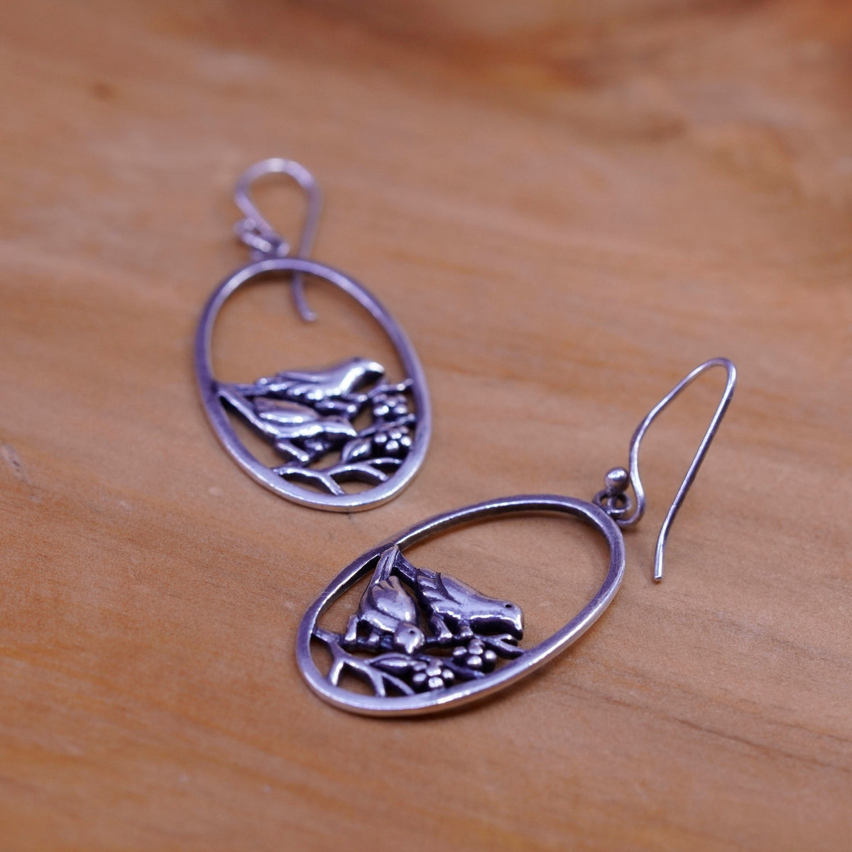 Vintage Sterling silver handmade earrings, 925 birds on branch