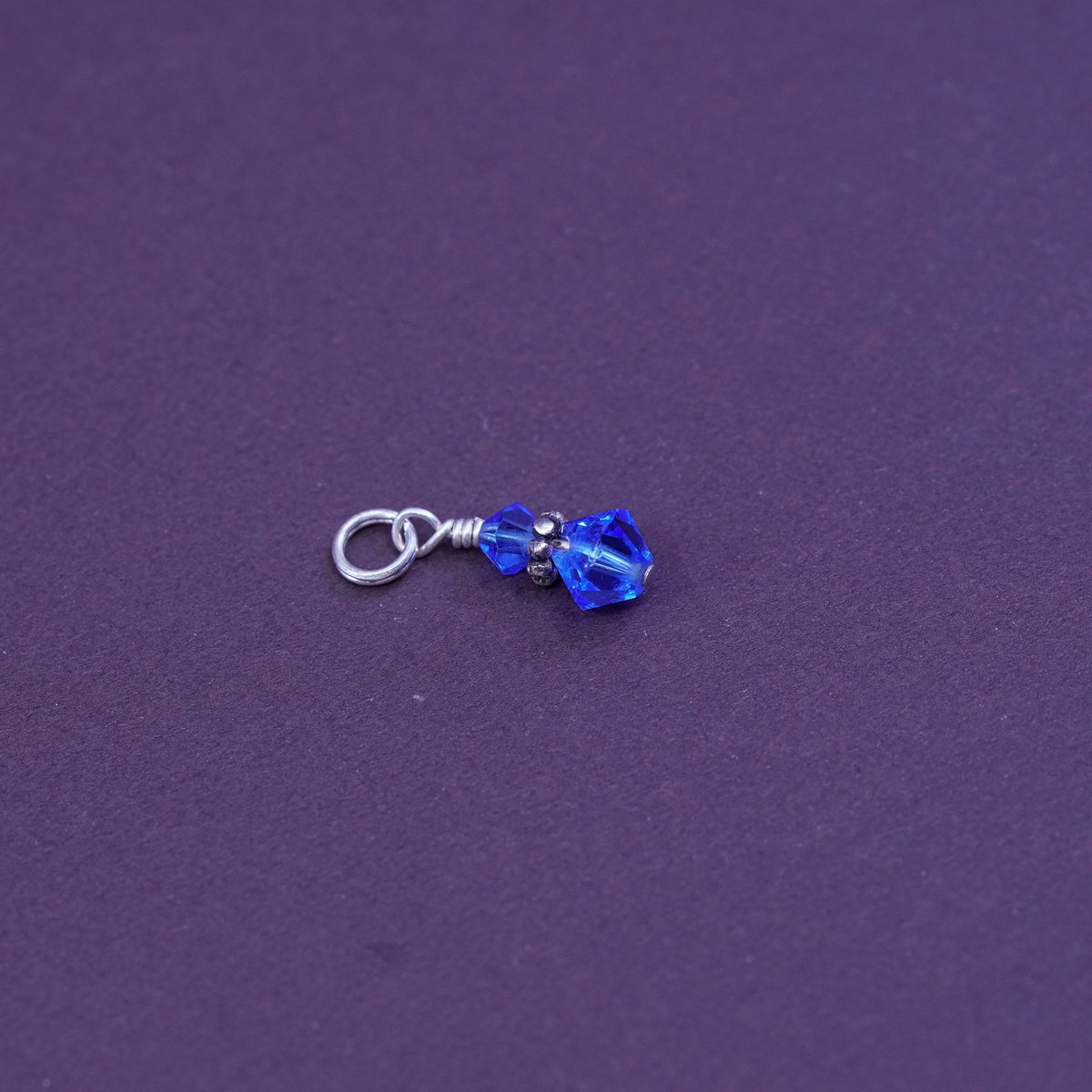 Vintage sterling silver handmade pendant, 925 charm with blue crystal