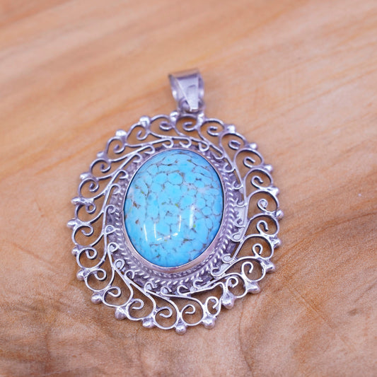 Sterling silver handmade pendant, bali style 925 filigree trim oval turquoise