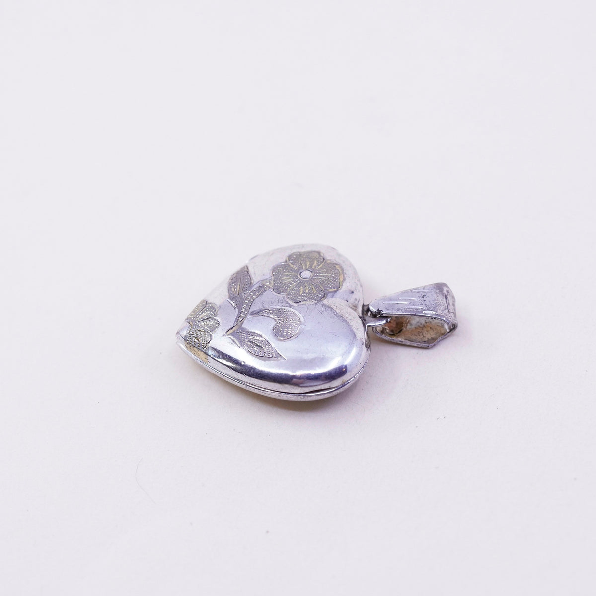 Vintage sterling silver photo locket charm pendant, flower textured 925 heart