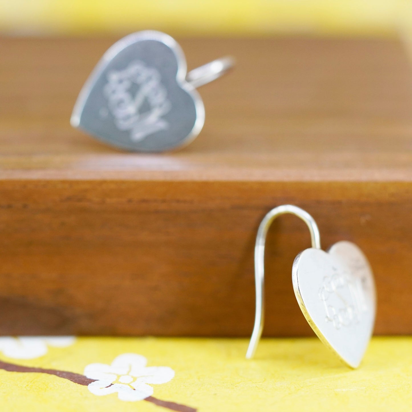 VTG Sterling silver handmade earrings, 925 monogram initial “LSM” heart drops