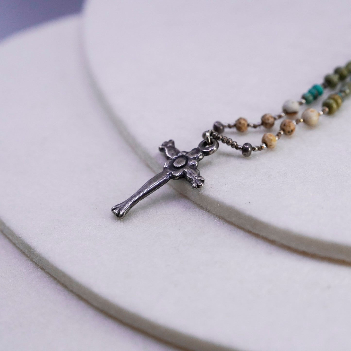 17+1”, Sterling 925 silver handmade necklace with turquoise and cross pendant