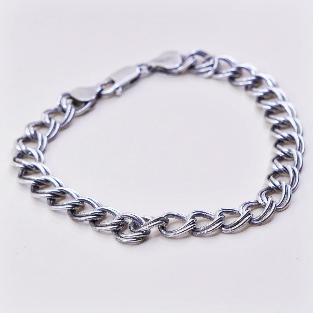 7.5”, 7mm, Vintage sterling silver bracelet, 925 double curb chain