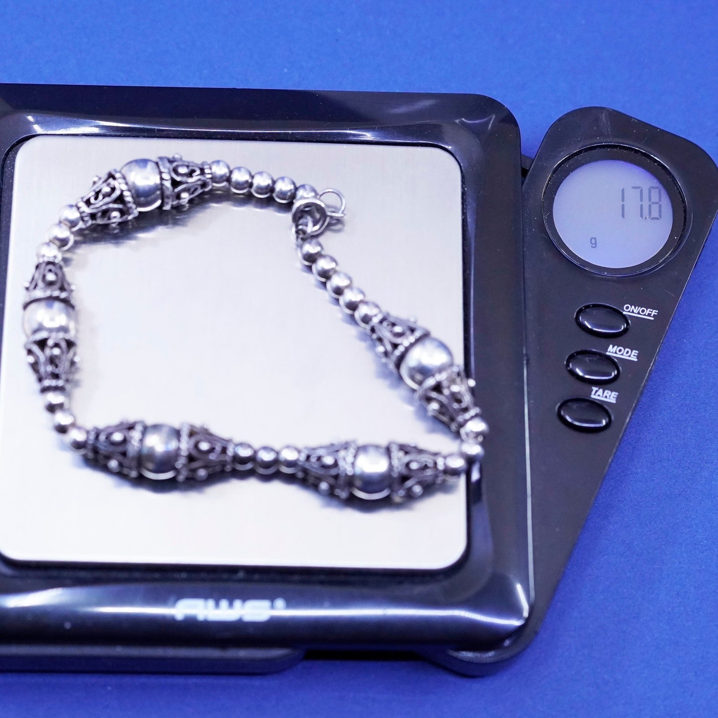 7”, vintage sterling 925 silver handmade bracelet with bali beads