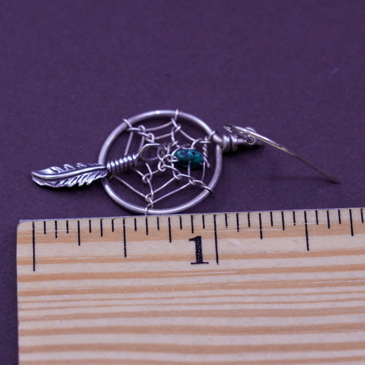 Vintage Sterling 925 silver handmade net earrings with turquoise and feather