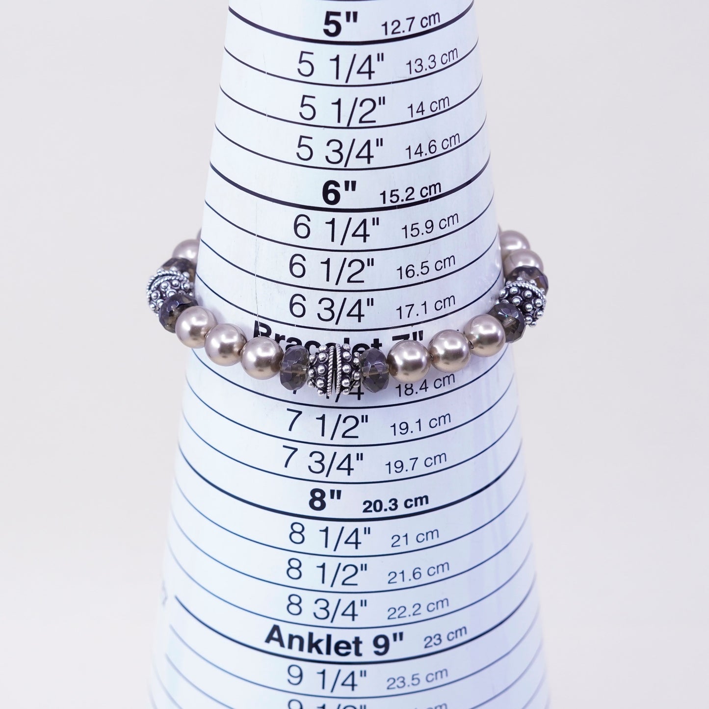 7”, Sterling silver handmade bracelet, 925 beads faux pearl smoky topaz beads
