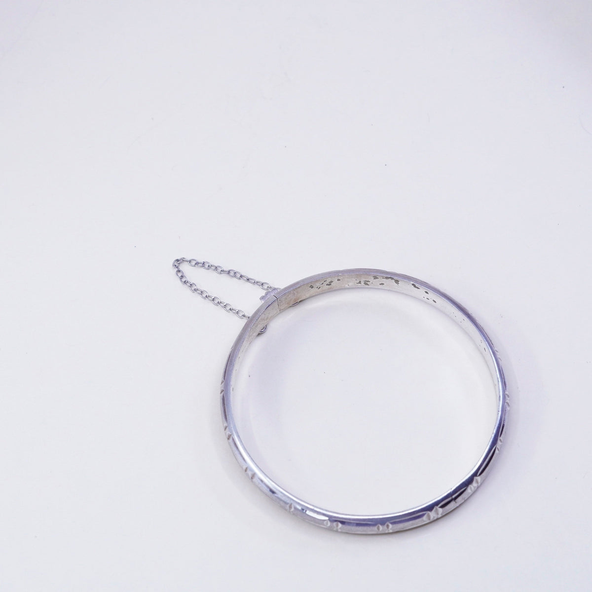 7.5”, sterling silver bracelet, Matt textured 925 hinged bangle N secure chain