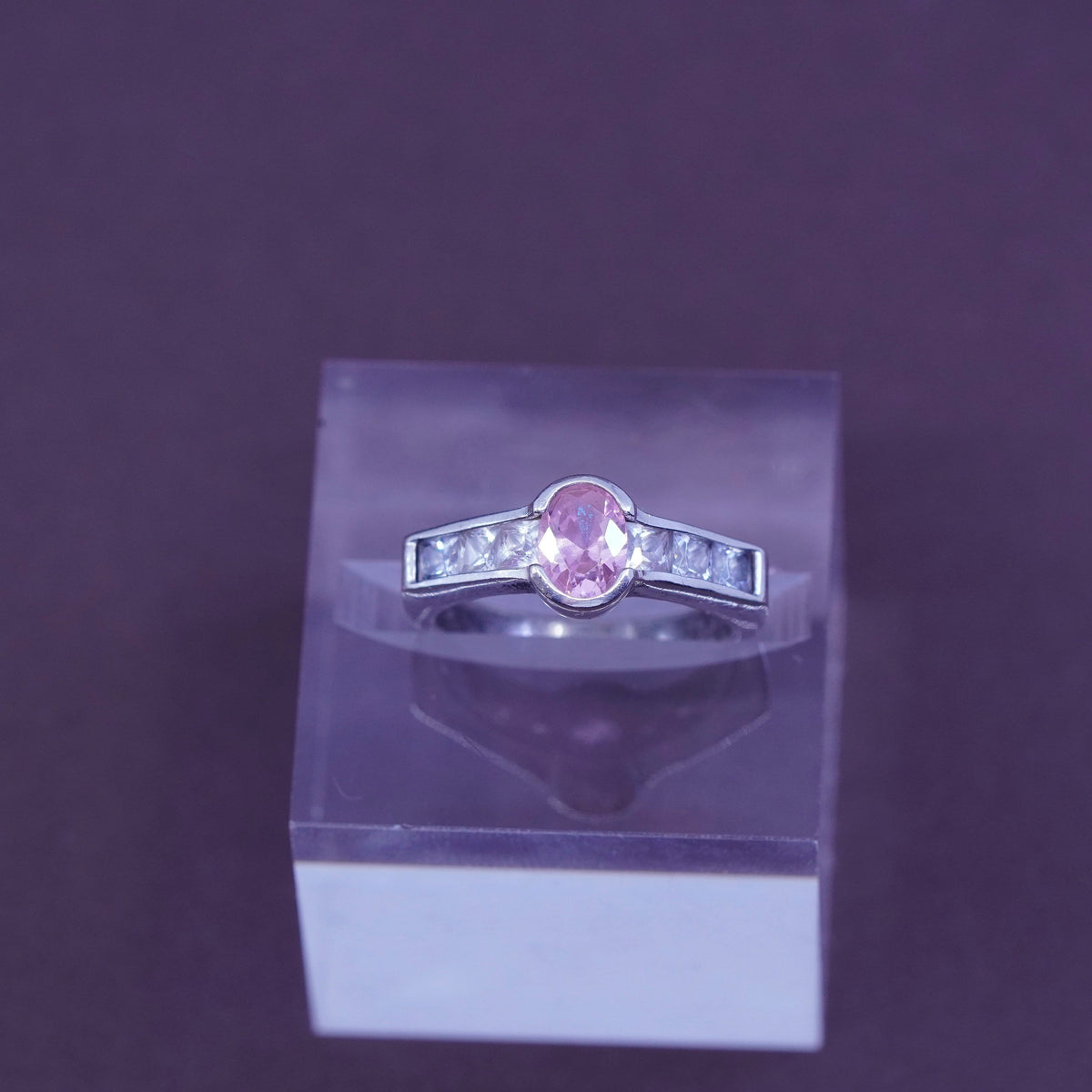 Size 6.5, Sterling silver handmade ring, 925 band with oval pink Cz stone