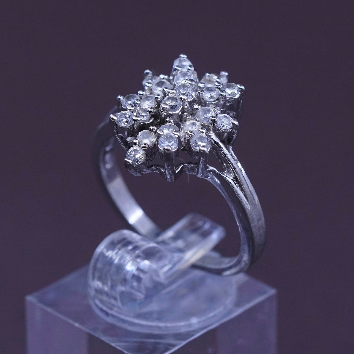 Size 7.25, vintage TBJ Sterling silver ring, 925 with cluster Cz, stamped 925