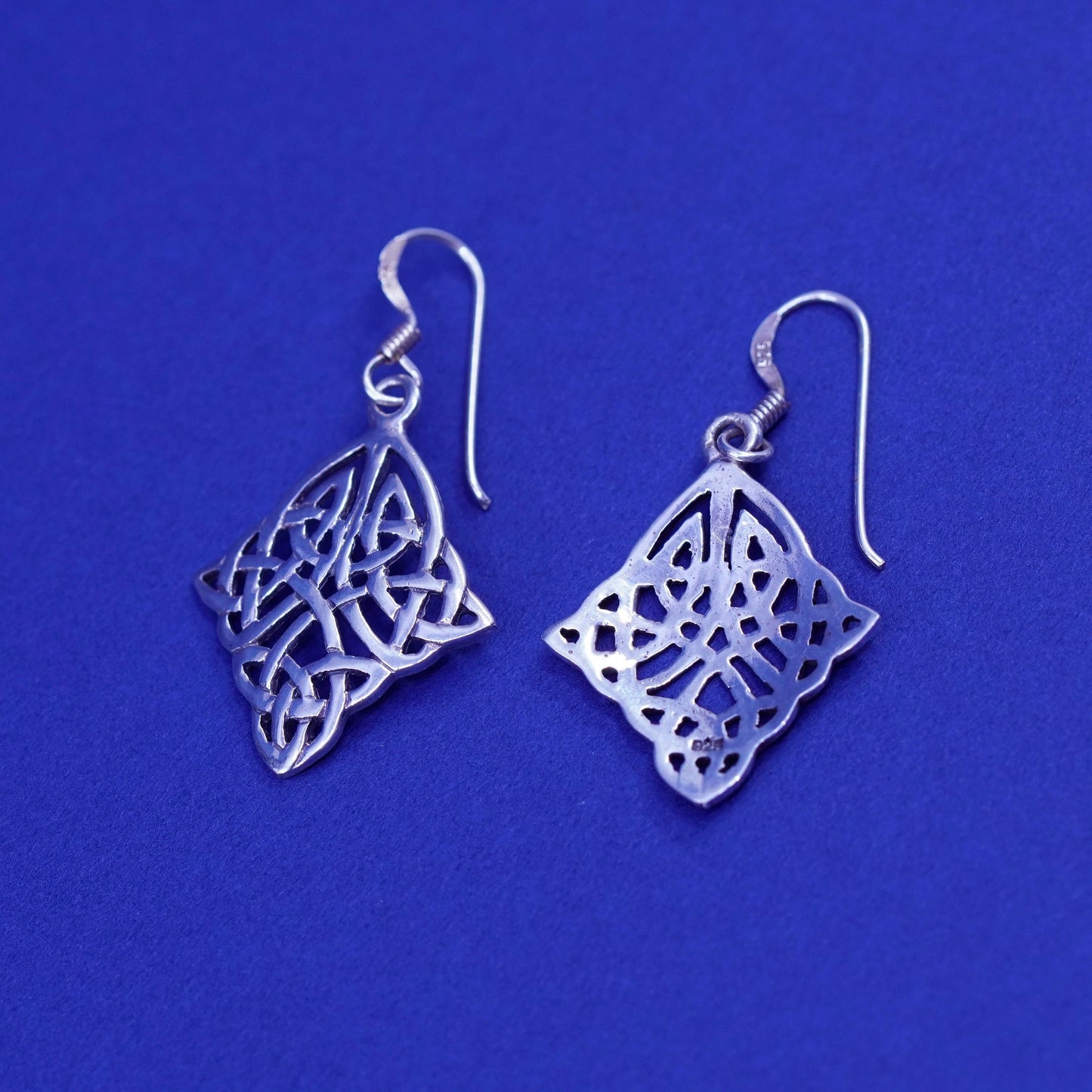 Vintage sterling silver handmade earrings, 925 filigree knot Irish drop
