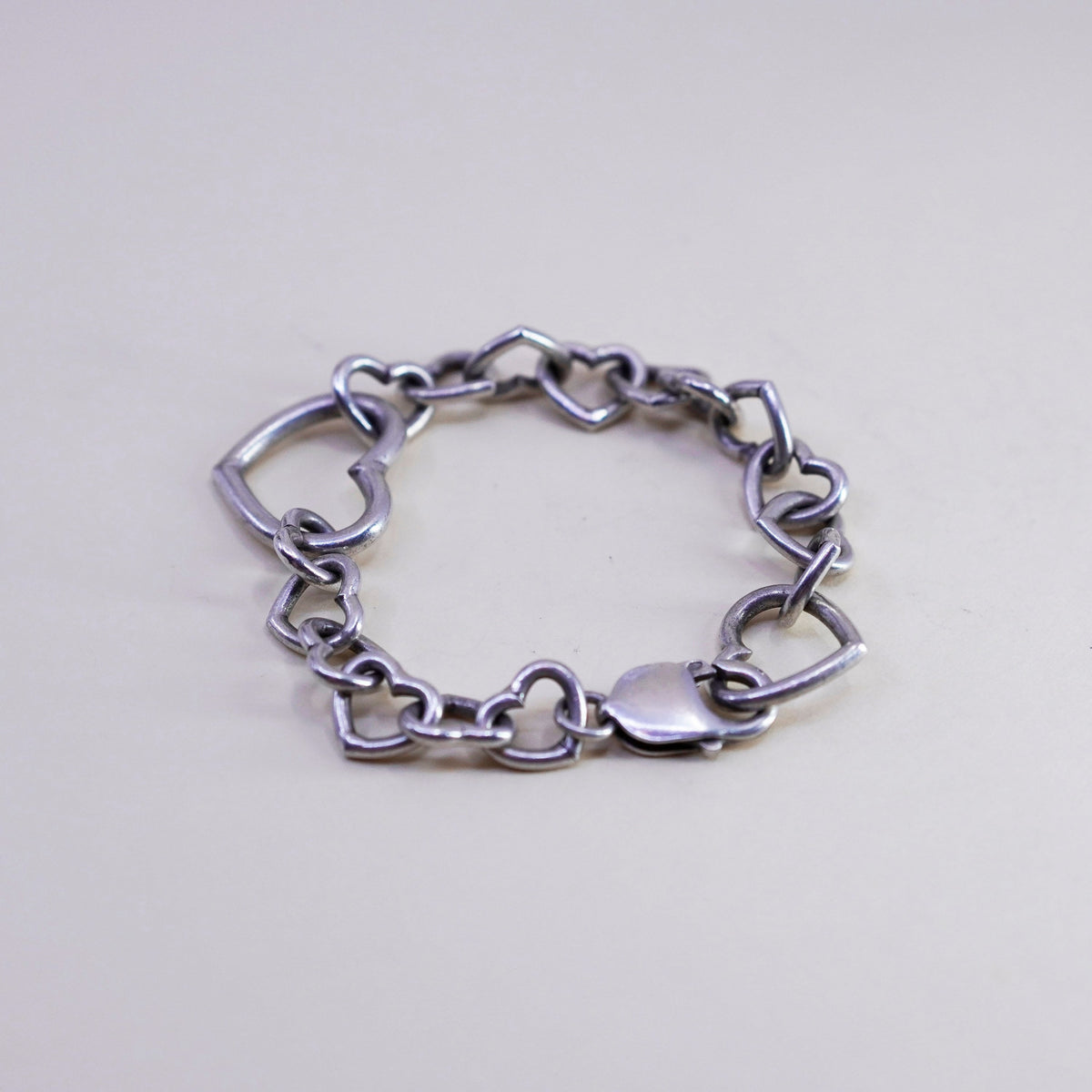 6”, Vintage sterling silver handmade link bracelet, 925 heart chain