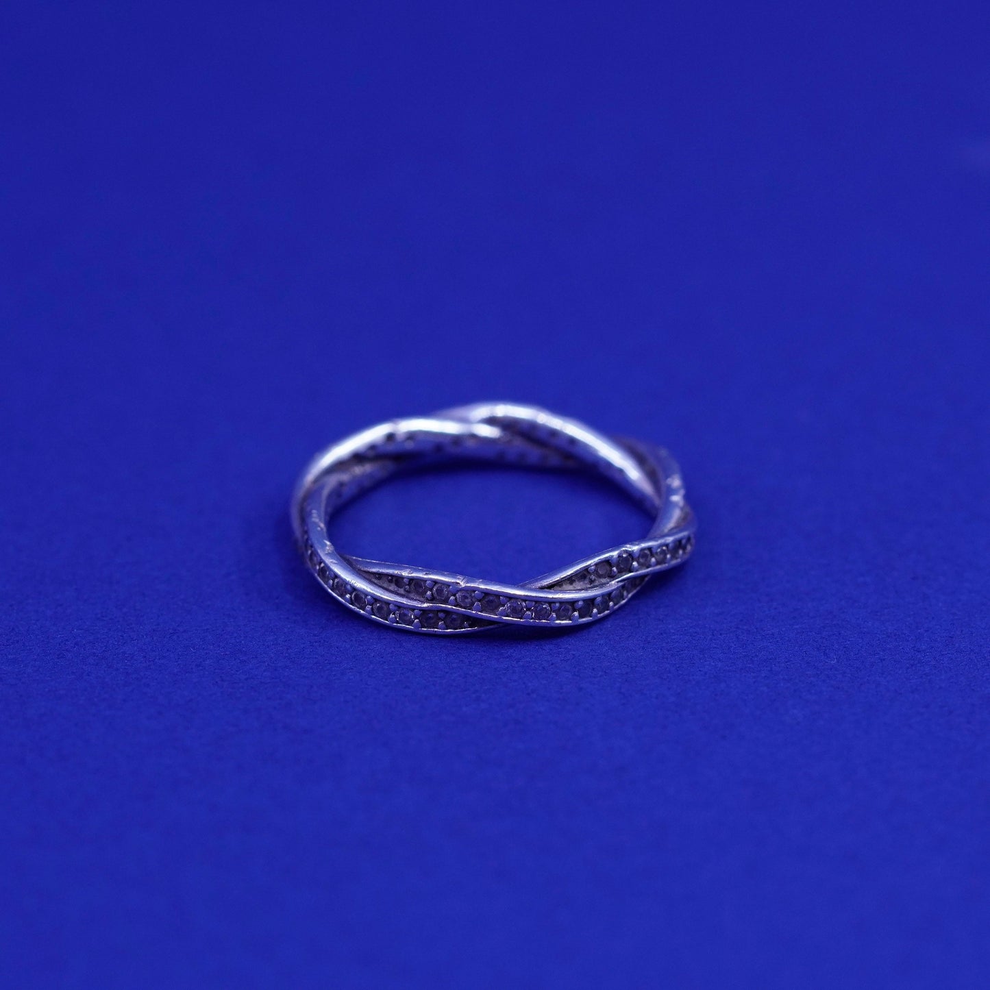 Size 8.5, vintage ALE sterling silver handmade ring, 925 entwined band with cz