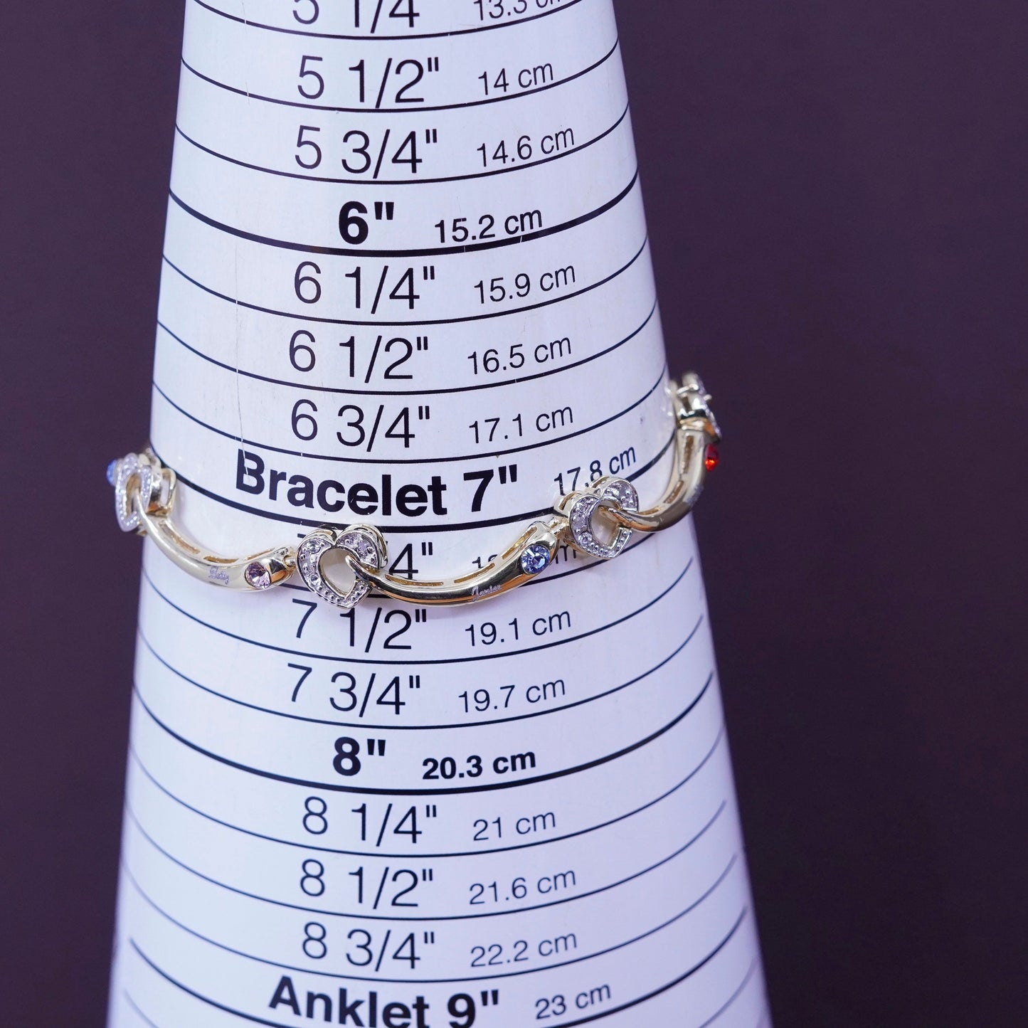 7.25”, vtg vermeil gold over Sterling silver tennis bracelet, 925 heart crystal