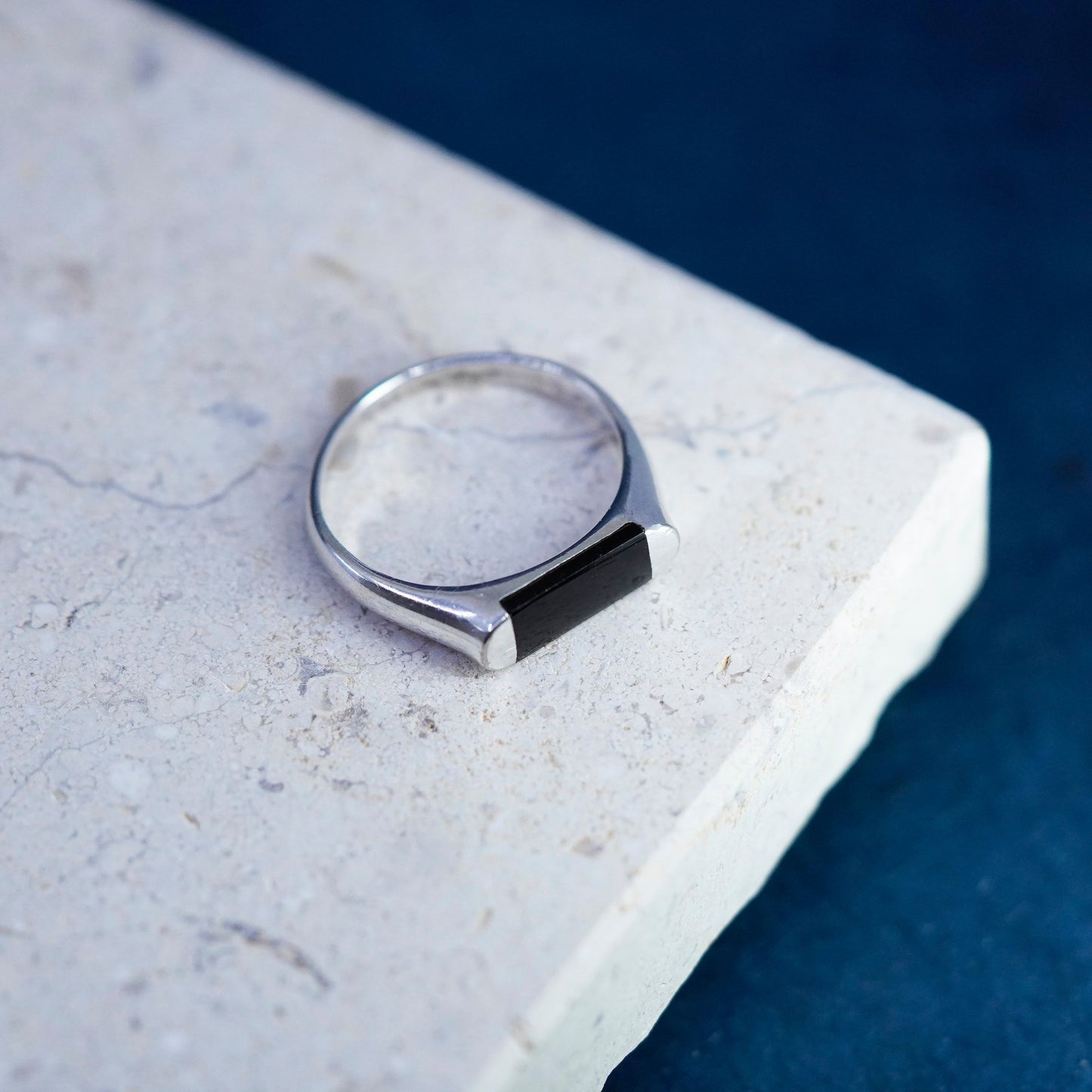 Size 8, vintage Sterling silver handmade ring, 925 stackable band with obsidian