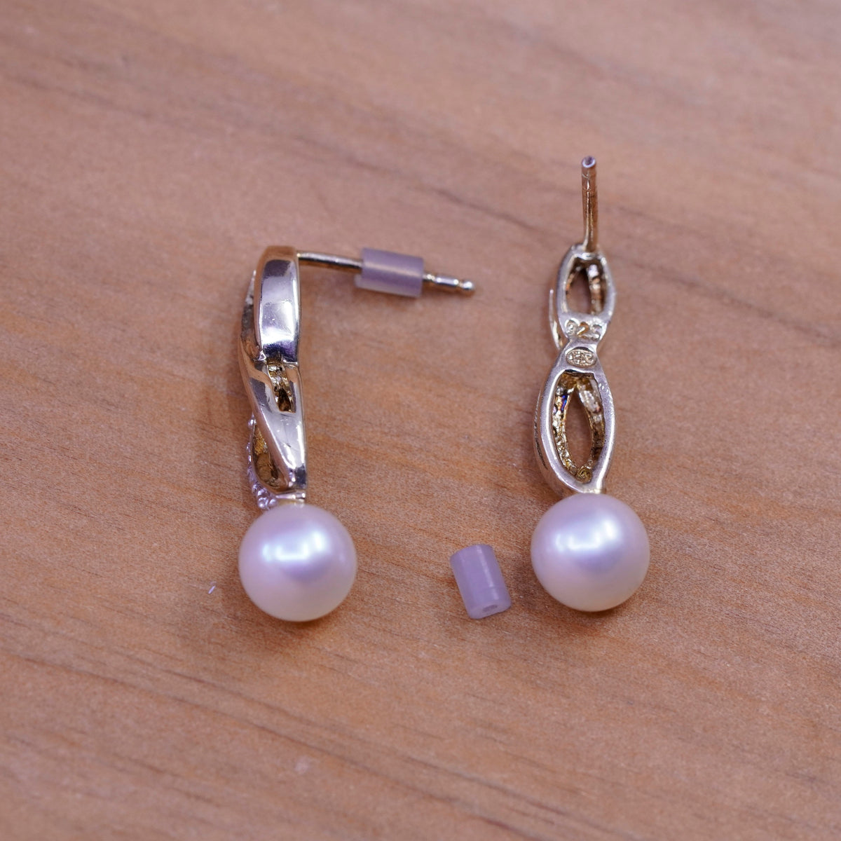 Vintage vermeil gold over Sterling 925 silver earrings with diamond and pearl