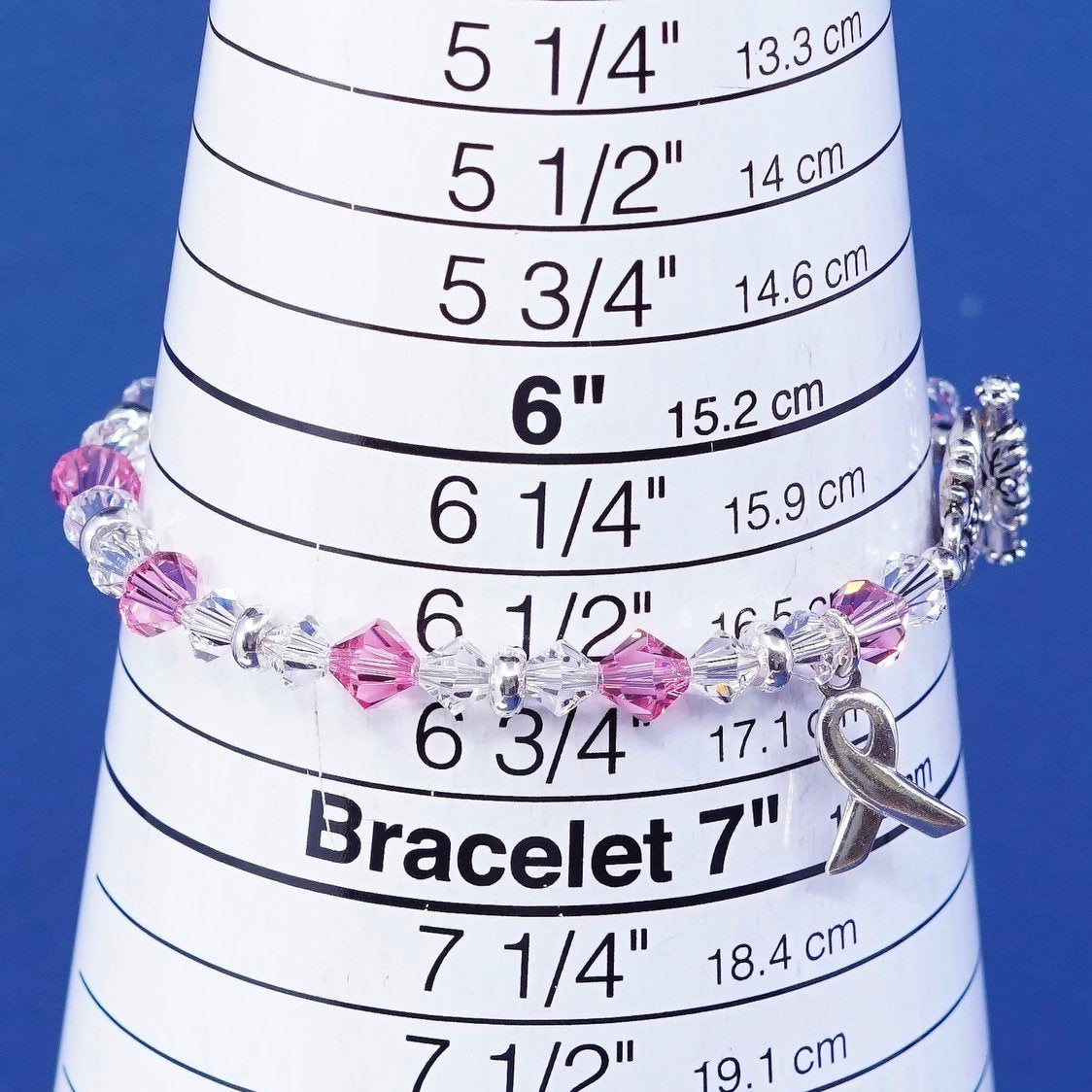 6.5”, vtg sterling silver handmade bracelet, 925 w/ pink crystal beads N toggle