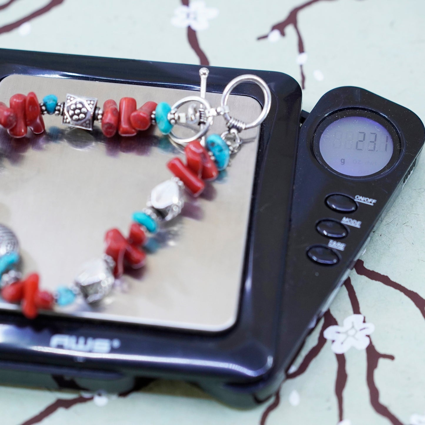 7+0.5”, southwestern Sterling 925 silver bracelet with turquoise coral beads