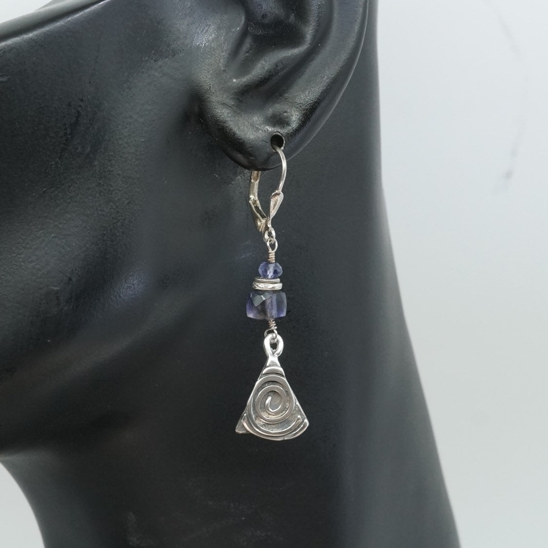 Native American handmade sterling silver earrings, 925 dangle w/ swirl N crystal