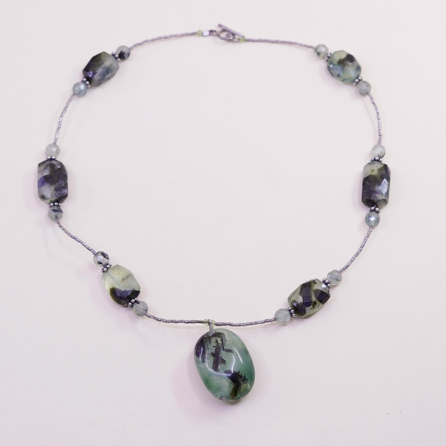 16”, vintage sterling 925 silver handmade necklace with nugget prehnite pendant