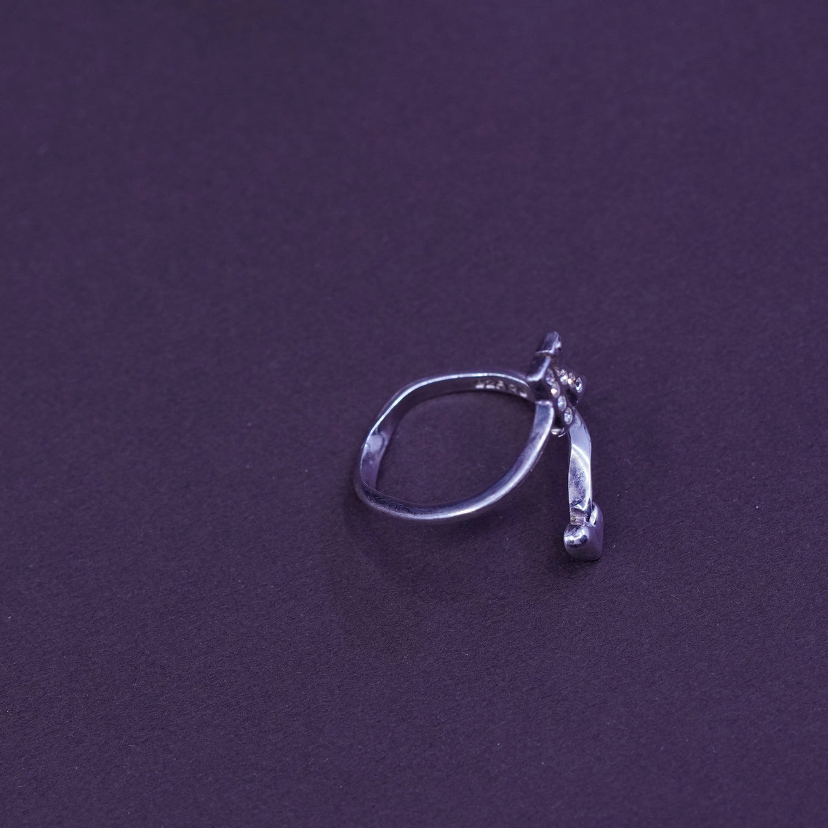 Size adjustable, vintage PQ Sterling silver ring, 925 initial letter band K cz
