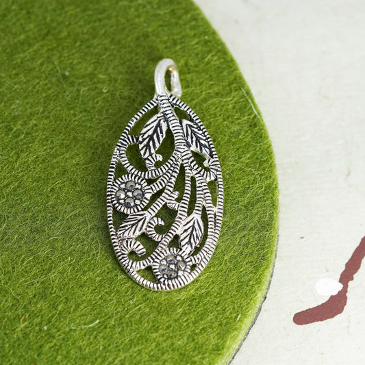 vintage sterling silver 925 pendant with marcasite and flower vine