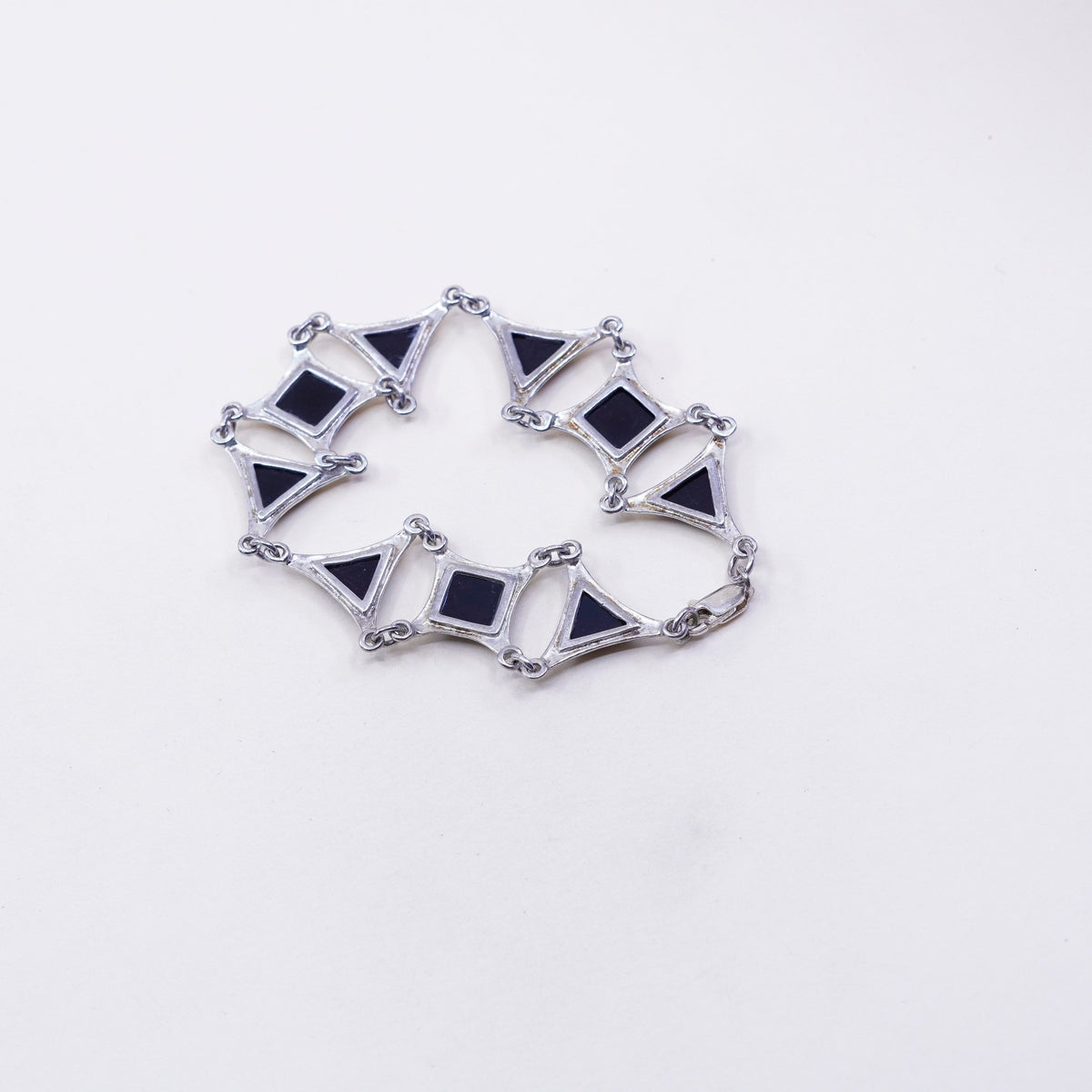 6.75”, Vintage geometrical Sterling 925 silver bracelet with onyx