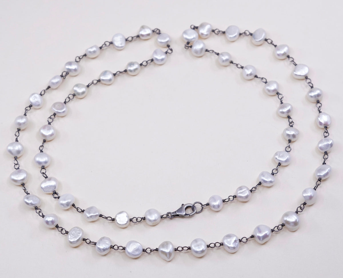 30”, Vintage handmade Sterling silver necklace with pearl beads details