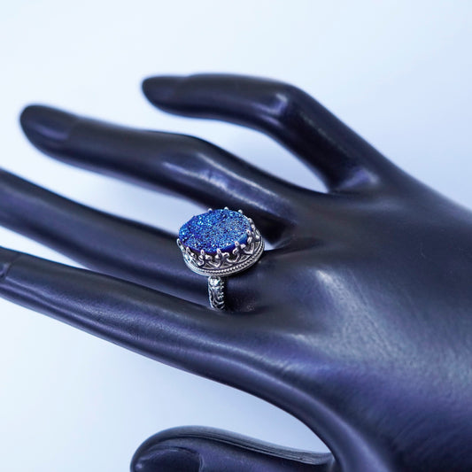 Size 7, vintage Sterling 925 silver handmade ring blue druzy glittering quartz