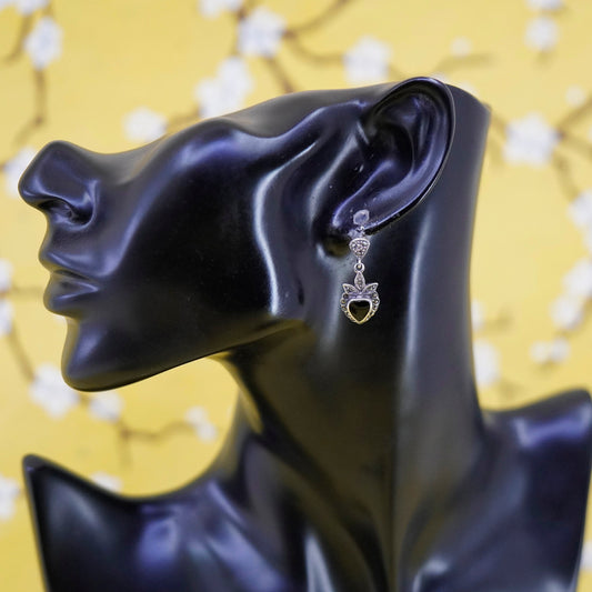 Vintage Sterling 925 silver handmade earrings with heart obsidian and marcasite