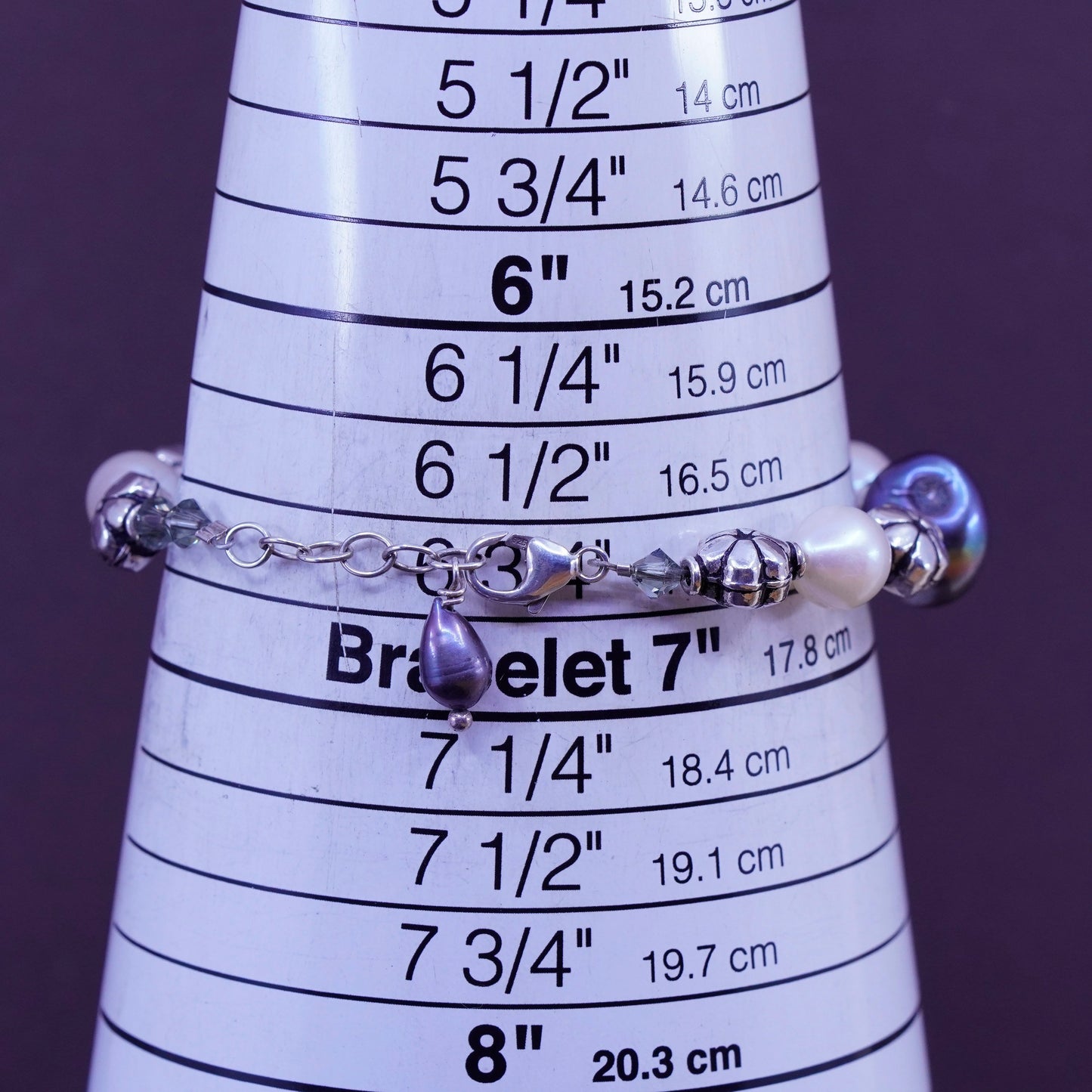 6.75”, Sterling 925 silver handmade floral beads bracelet with black pearl