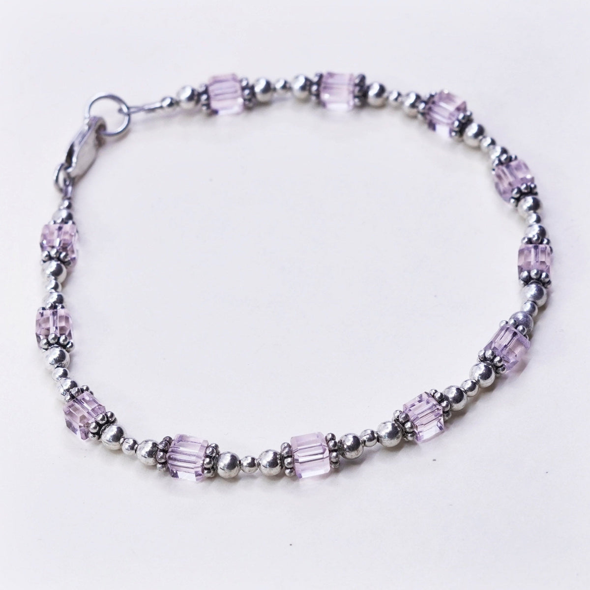 7.5”, Vintage Sterling 925 silver bracelet with pink crystals beads