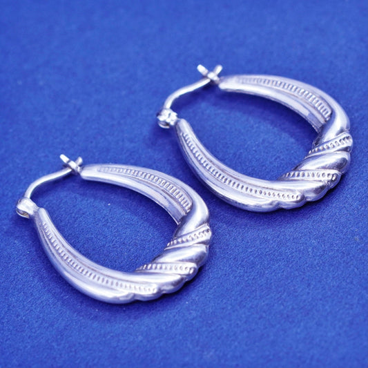0.75”, vintage Sterling silver handmade textured hoop earrings, 925 huggie