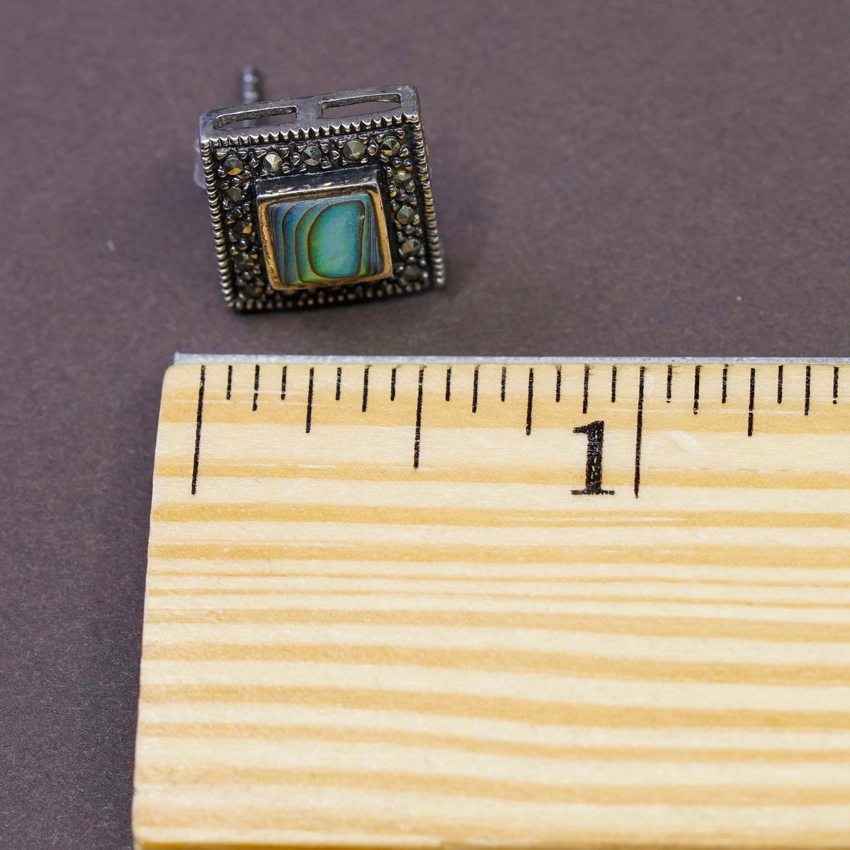 vtg Sterling Silver Handmade Earrings, 925 Square studs w/ abalone N Marcasite