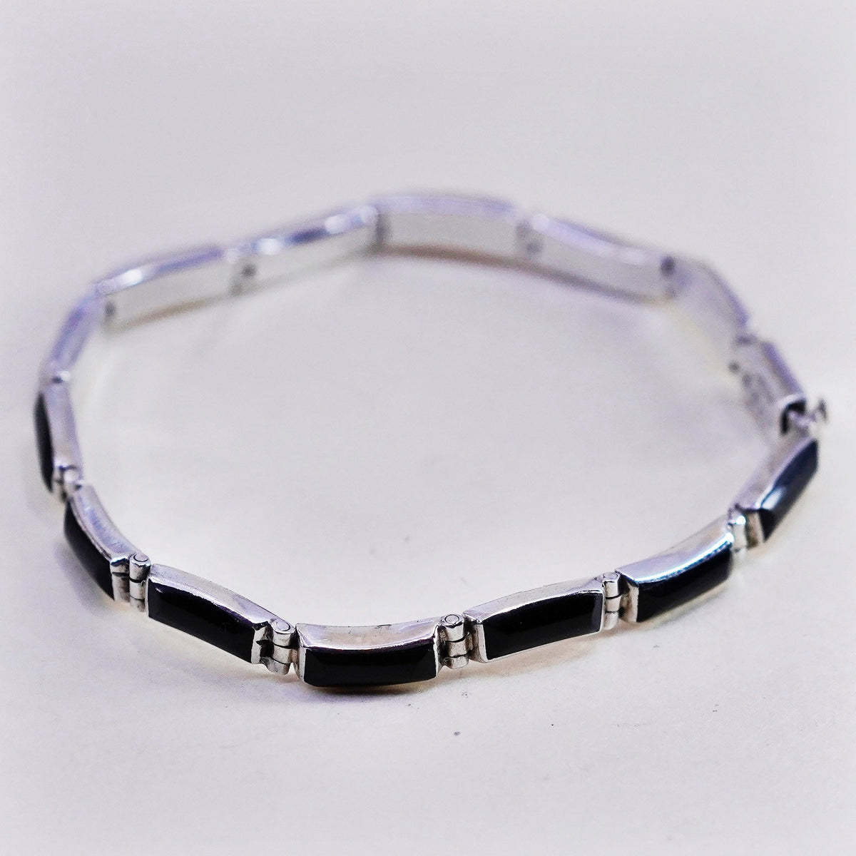 6.75”, E. Luna mexico escocia Sterling 950 silver handmade bar bracelet onyx