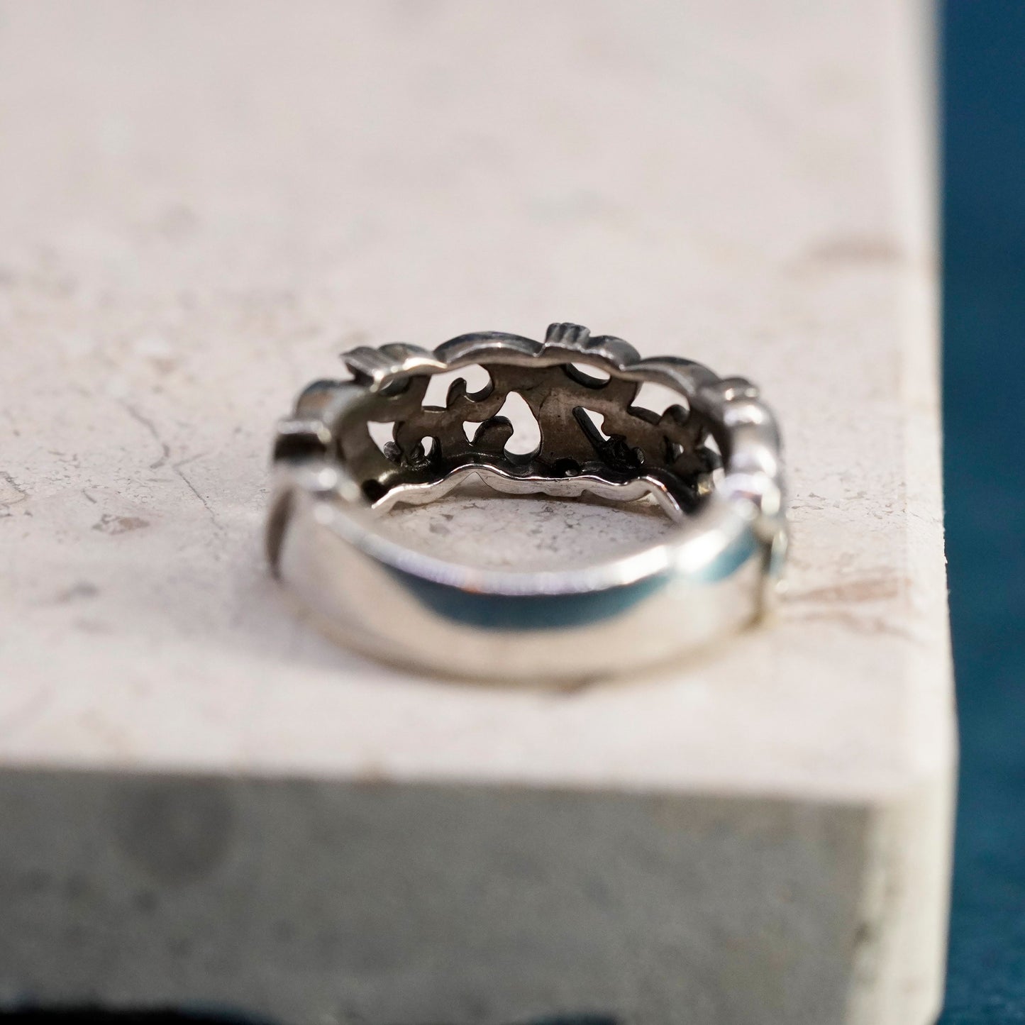 Size 5.5, vintage Sun Sterling 925 silver handmade swirly ring genuine diamonds
