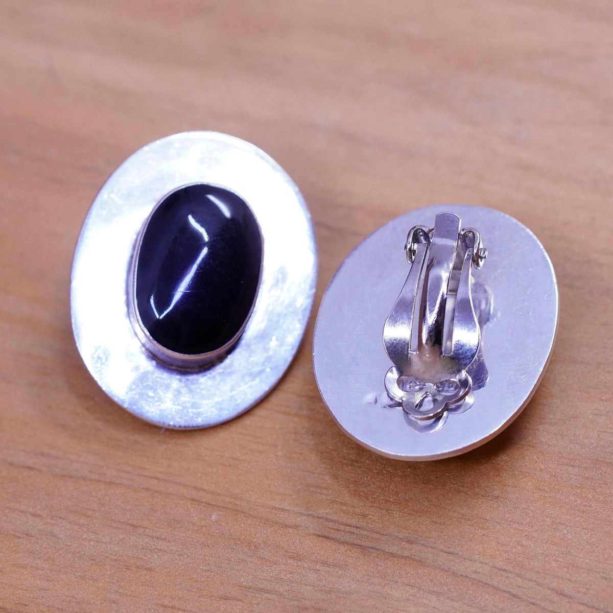 Mexico Sterling silver handmade earrings, 925 oval obsidian clip on