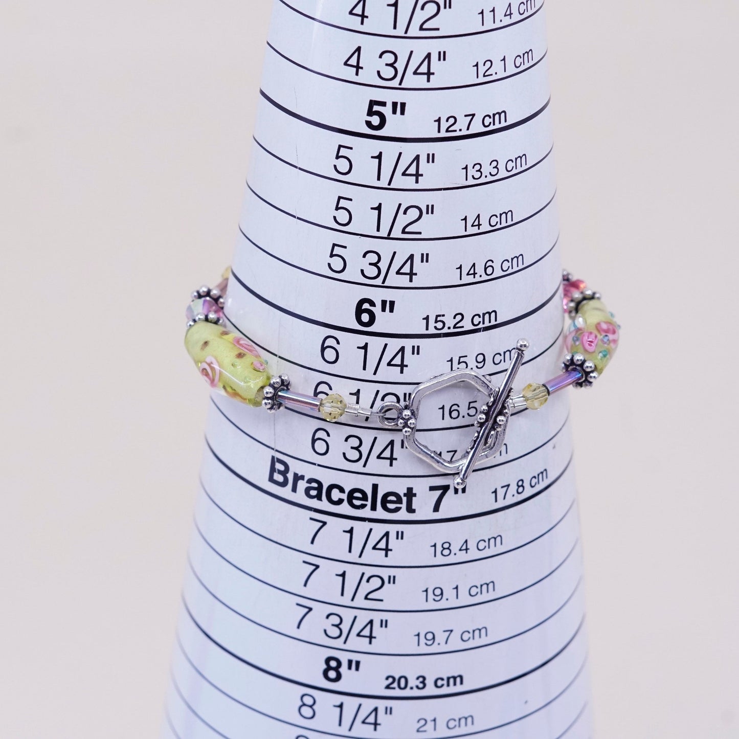 6.5”, vintage handmade bracelet with artisan glass and toggle closure