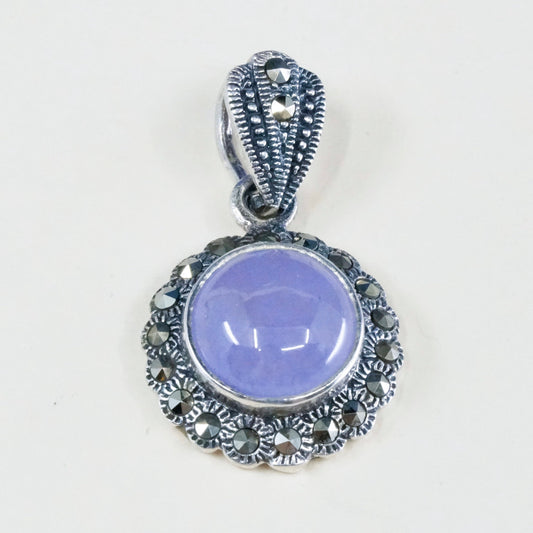 Vintage sterling 925 silver handmade pendant with purple jade and marcasite