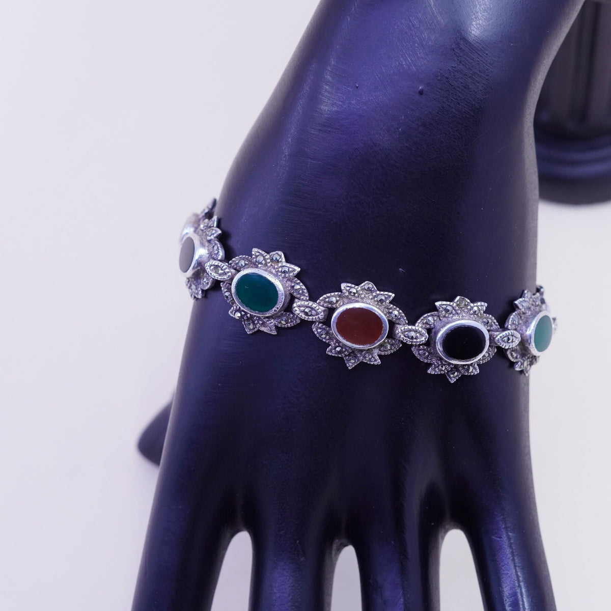 7.5”, Sterling 925 Silver Handmade Bracelet Marcasite carnelian emerald onyx