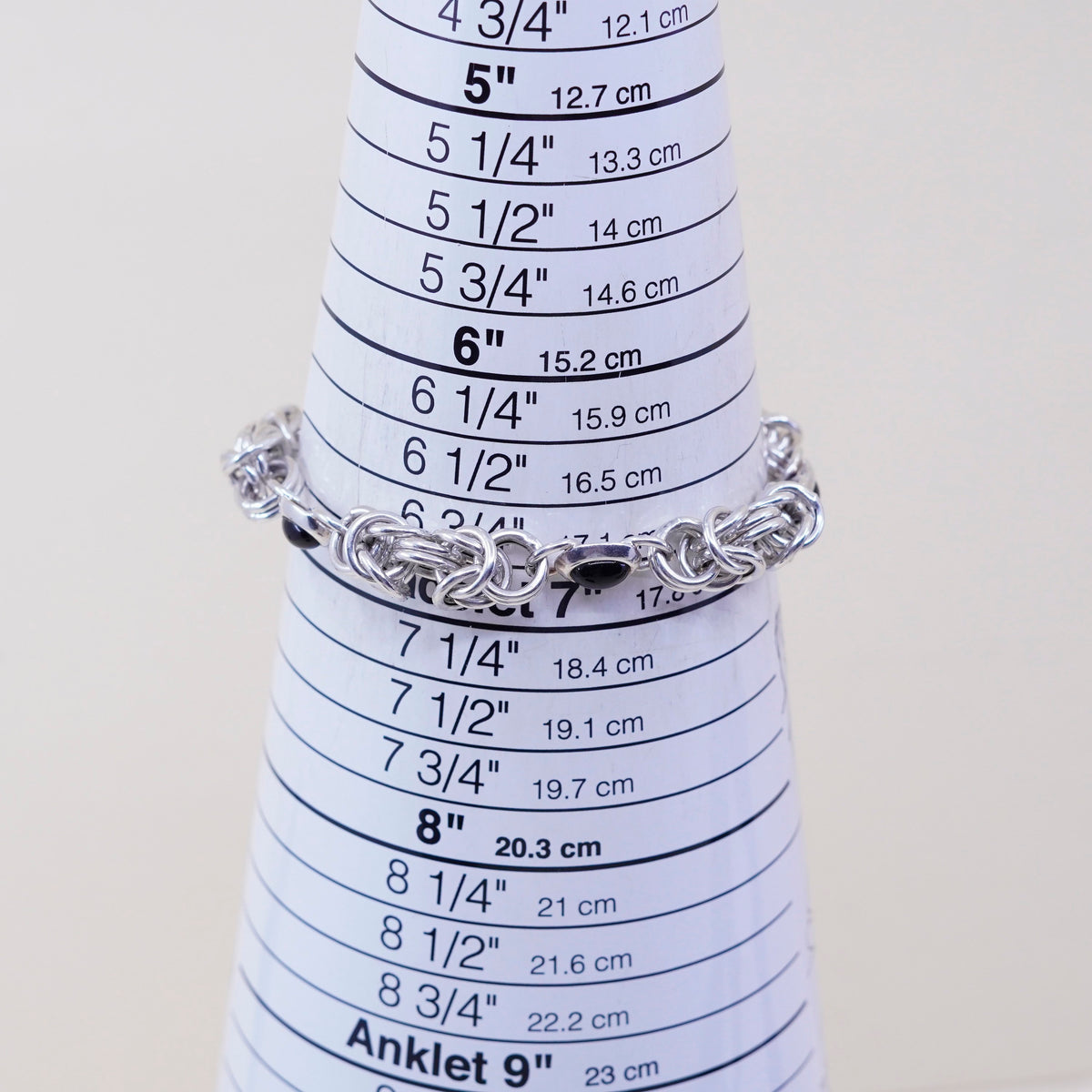 7”, Sterling silver handmade bracelet, 925 Byzantine, birdcage chain N obsidian